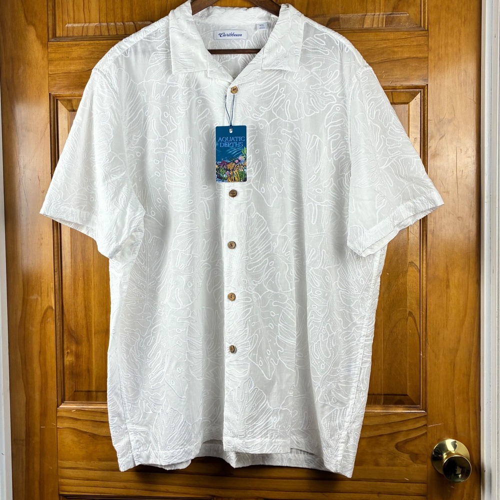 Caribbean Aquatic Depths Mens XXL White Embroidered Tropical Camp Shirt NWT